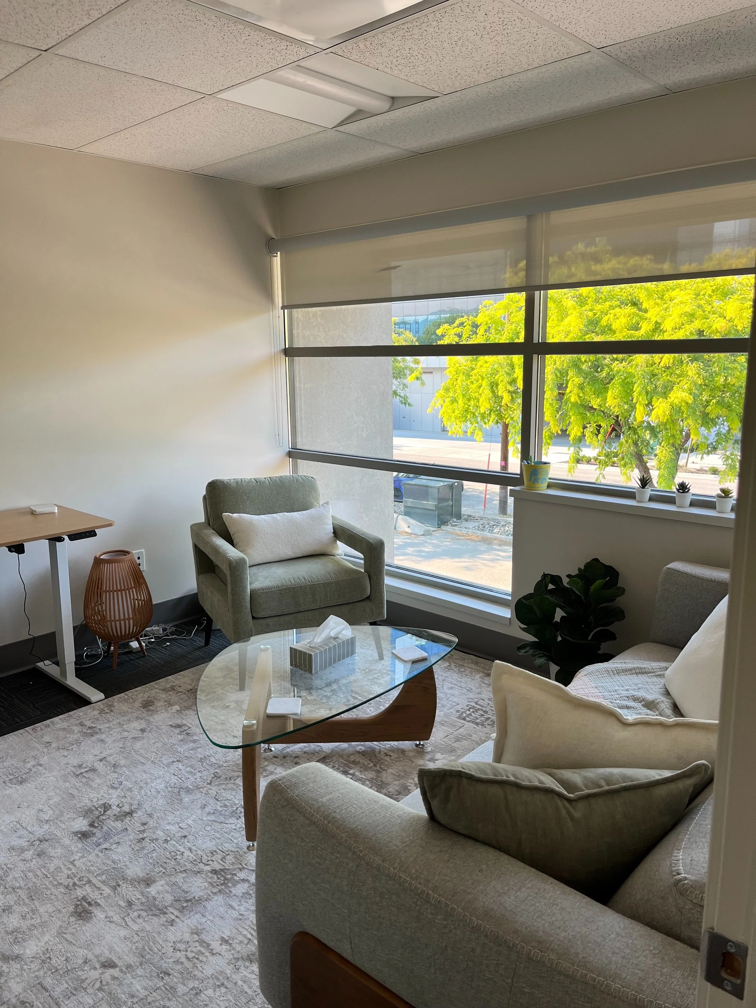Bright therapy office with soft green armchairs and large windows